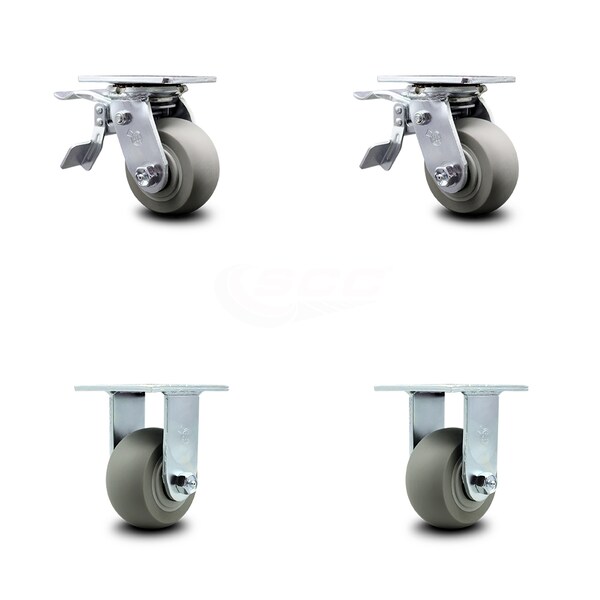 4 Inch Thermoplastic Rubber Caster Set with Ball Bearings 2 Brakes 2 Rigid SCC